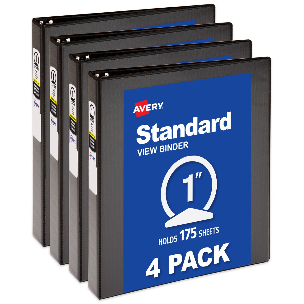 Avery Standard View 3 Ring Binders, 1" Round Rings, 175-Sheet Capacity, 1.4 Inch Wide Spine, Black Binders, Ideal for Lightweight Organization and Occasional Referencing (4-Pack of 19203)